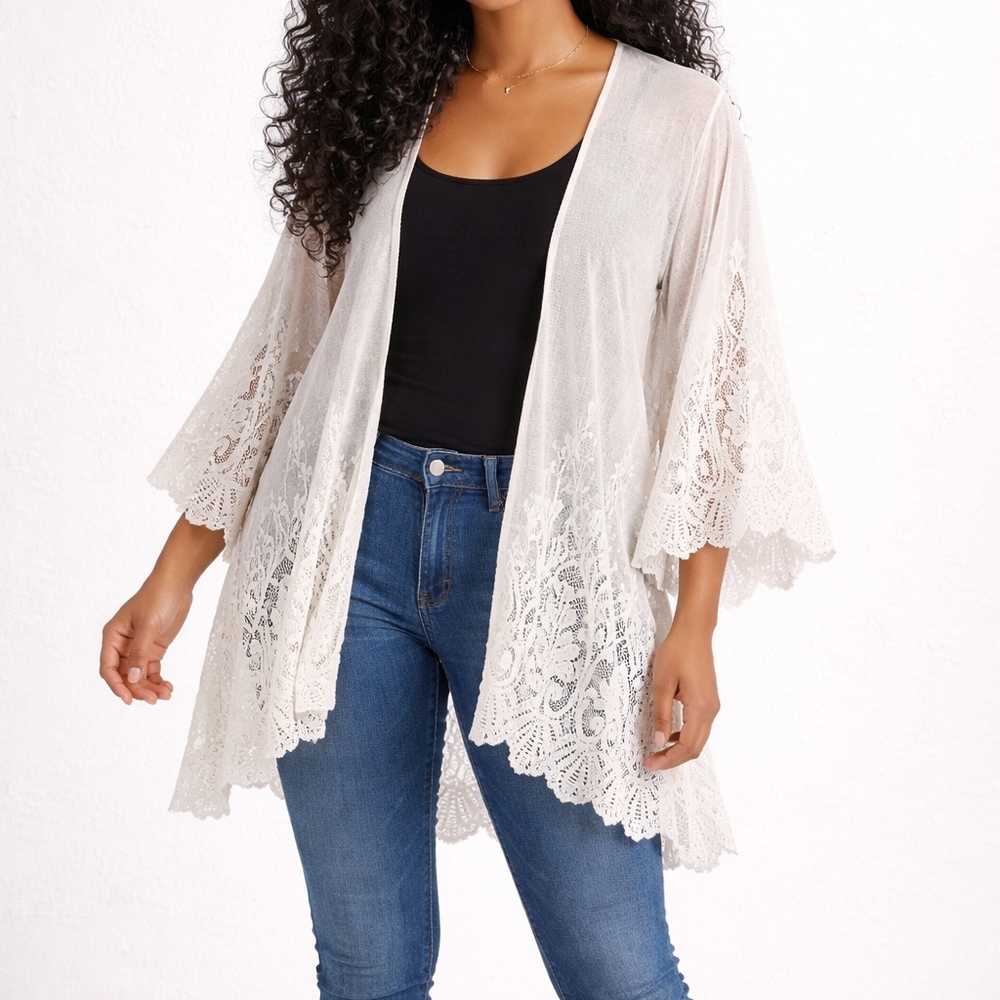 Elegant Cream Lace Kimono Miami Brand S/M